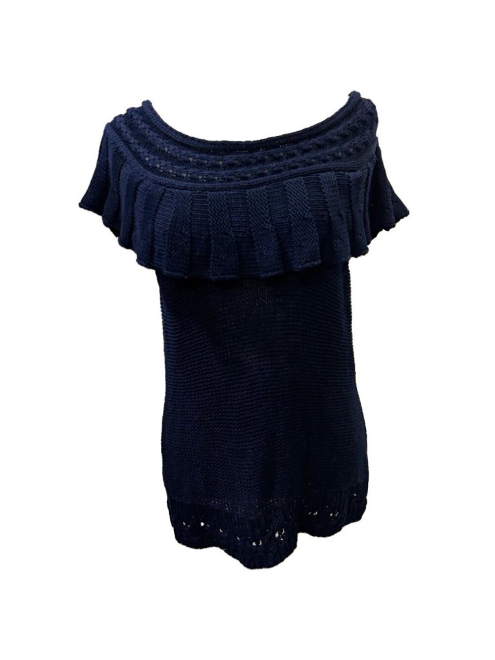 Anthropologie Sweater  tunic blouse XL Navy Cotton Knit Boat Neck Ruffle